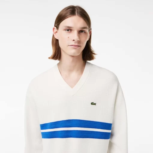 Lacoste Knitwear-Double Face Pique Striped V Neck Sweater