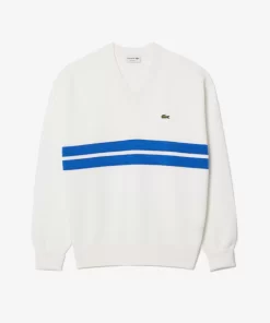 Lacoste Knitwear-Double Face Pique Striped V Neck Sweater