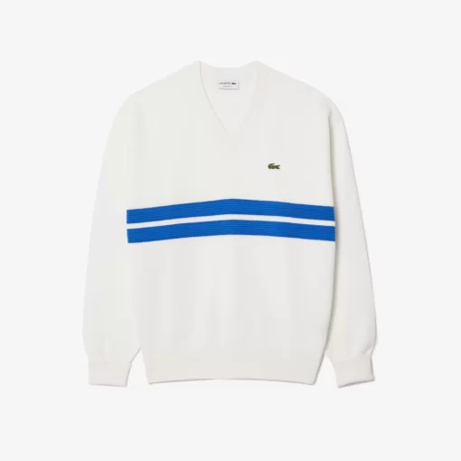 Lacoste Knitwear-Double Face Pique Striped V Neck Sweater