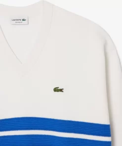 Lacoste Knitwear-Double Face Pique Striped V Neck Sweater