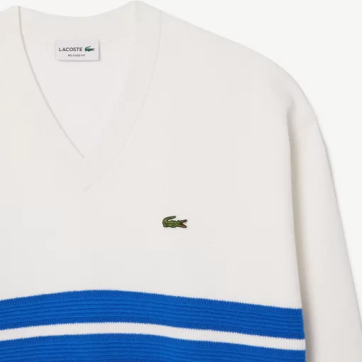 Lacoste Knitwear-Double Face Pique Striped V Neck Sweater