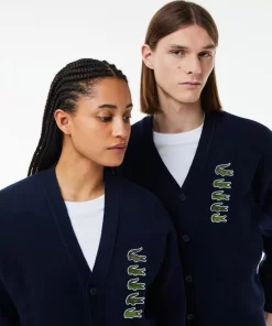 Lacoste Knitwear-Double Sided Wool And Cotton Blend Badge Cardigan