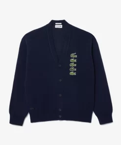 Lacoste Knitwear-Double Sided Wool And Cotton Blend Badge Cardigan