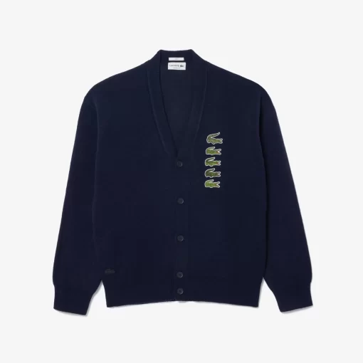 Lacoste Knitwear-Double Sided Wool And Cotton Blend Badge Cardigan