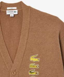 Lacoste Knitwear-Double Sided Wool And Cotton Blend Badge Cardigan