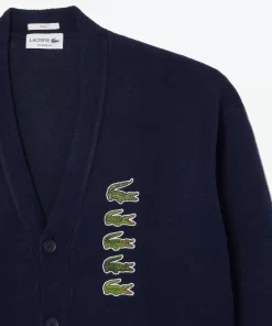 Lacoste Knitwear-Double Sided Wool And Cotton Blend Badge Cardigan