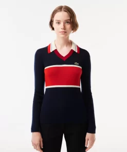 Lacoste Knitwear-French Made Contrast Polo Neck Sweater