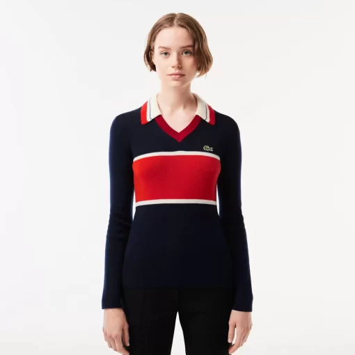 Lacoste Knitwear-French Made Contrast Polo Neck Sweater