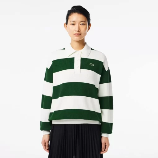 Lacoste Knitwear-French Made Striped Rib Knit Polo Shirt