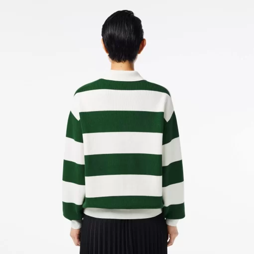 Lacoste Knitwear-French Made Striped Rib Knit Polo Shirt