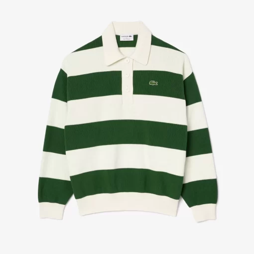 Lacoste Knitwear-French Made Striped Rib Knit Polo Shirt