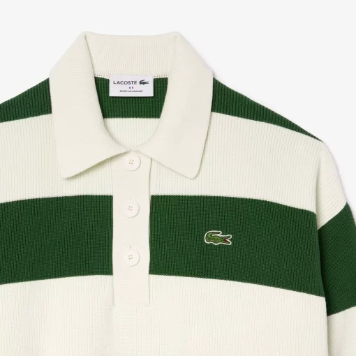 Lacoste Knitwear-French Made Striped Rib Knit Polo Shirt