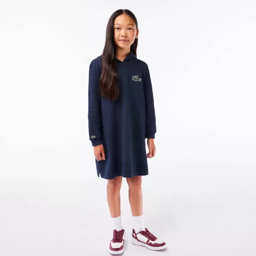 Lacoste Girl Clothing-Hooded Cotton Fleece Sweatshirt Dress