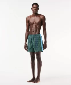 Lacoste Swimwear- Mid Length Monogram Print Swim Trunks