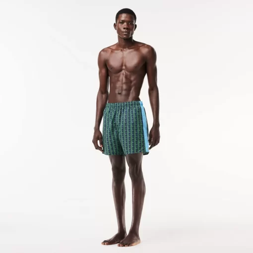 Lacoste Swimwear- Mid Length Monogram Print Swim Trunks