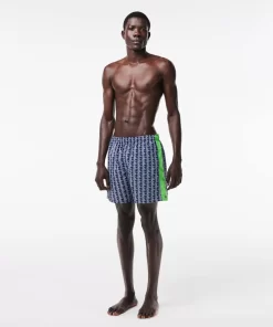 Lacoste Swimwear- Mid Length Monogram Print Swim Trunks