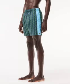 Lacoste Swimwear- Mid Length Monogram Print Swim Trunks