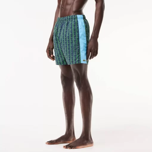 Lacoste Swimwear- Mid Length Monogram Print Swim Trunks