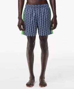 Lacoste Swimwear- Mid Length Monogram Print Swim Trunks