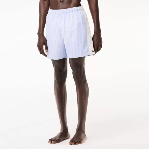 Lacoste Swimwear- Mid Length Monogram Print Swim Trunks