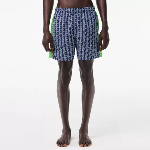 Lacoste Swimwear- Mid Length Monogram Print Swim Trunks