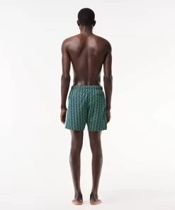 Lacoste Swimwear- Mid Length Monogram Print Swim Trunks