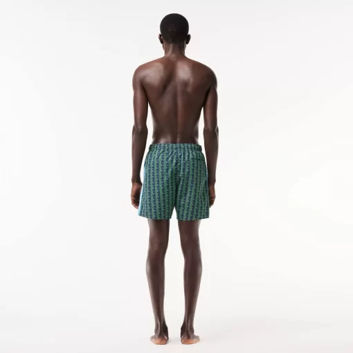 Lacoste Swimwear- Mid Length Monogram Print Swim Trunks