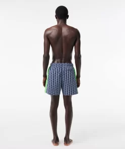 Lacoste Swimwear- Mid Length Monogram Print Swim Trunks