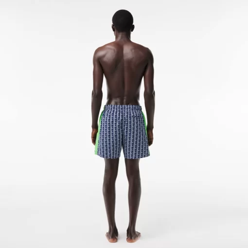 Lacoste Swimwear- Mid Length Monogram Print Swim Trunks