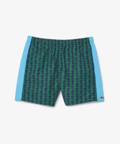 Lacoste Swimwear- Mid Length Monogram Print Swim Trunks