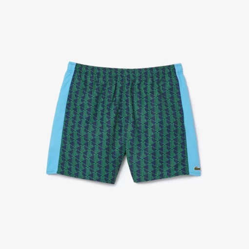 Lacoste Swimwear- Mid Length Monogram Print Swim Trunks