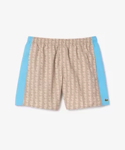 Lacoste Swimwear- Mid Length Monogram Print Swim Trunks