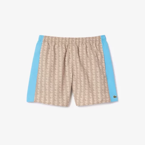 Lacoste Swimwear- Mid Length Monogram Print Swim Trunks