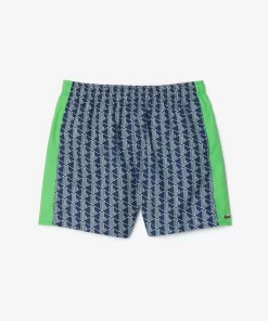 Lacoste Swimwear- Mid Length Monogram Print Swim Trunks