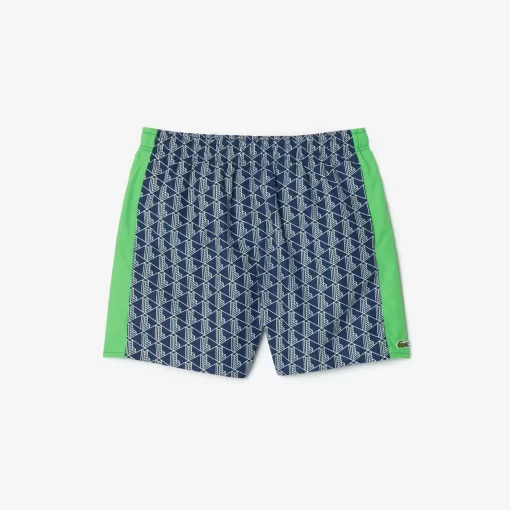 Lacoste Swimwear- Mid Length Monogram Print Swim Trunks