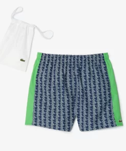 Lacoste Swimwear- Mid Length Monogram Print Swim Trunks