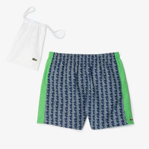 Lacoste Swimwear- Mid Length Monogram Print Swim Trunks