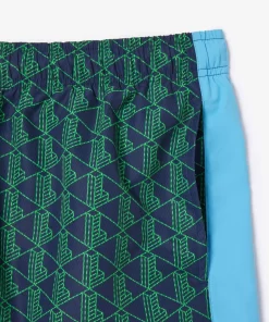 Lacoste Swimwear- Mid Length Monogram Print Swim Trunks