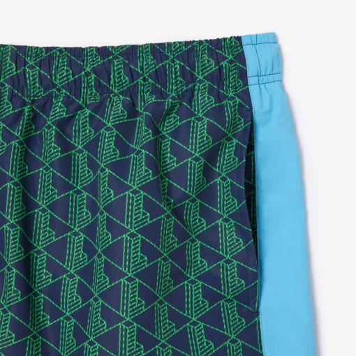 Lacoste Swimwear- Mid Length Monogram Print Swim Trunks