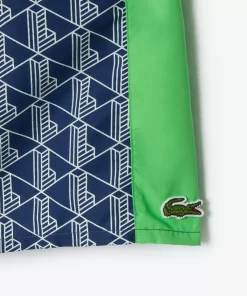 Lacoste Swimwear- Mid Length Monogram Print Swim Trunks