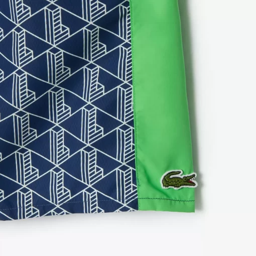 Lacoste Swimwear- Mid Length Monogram Print Swim Trunks