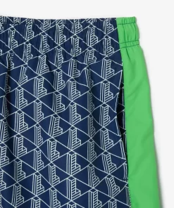 Lacoste Swimwear- Mid Length Monogram Print Swim Trunks