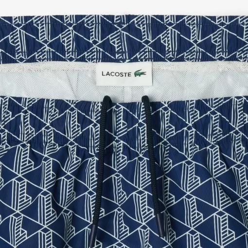 Lacoste Swimwear- Mid Length Monogram Print Swim Trunks