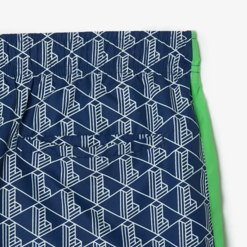 Lacoste Swimwear- Mid Length Monogram Print Swim Trunks