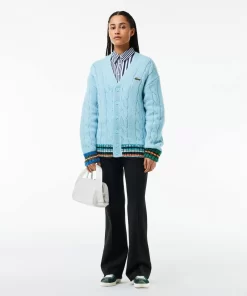 Lacoste Knitwear-Loose Fit Cable Knit Striped Cardigan