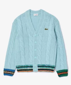 Lacoste Knitwear-Loose Fit Cable Knit Striped Cardigan