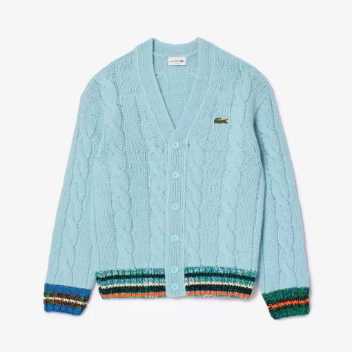 Lacoste Knitwear-Loose Fit Cable Knit Striped Cardigan