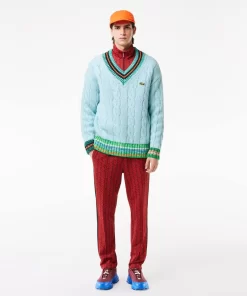 Lacoste Knitwear-Loose Fit Contrast V Neck Wool Sweater