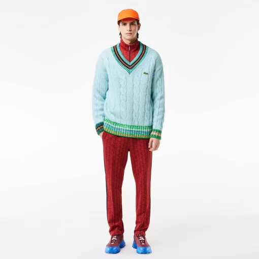 Lacoste Knitwear-Loose Fit Contrast V Neck Wool Sweater