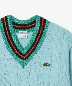 Lacoste Knitwear-Loose Fit Contrast V Neck Wool Sweater